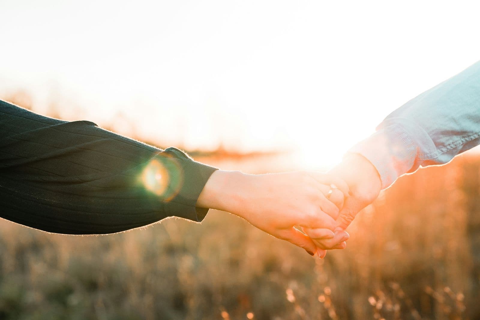 Two people holding hands at sunset